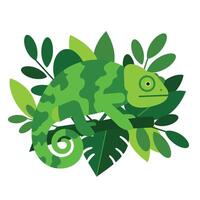 Colorful chameleon blending with vibrant foliage in flat art vector