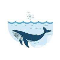 Whale swimming in ocean waves in flat and minimal art vector