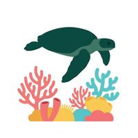 Sea turtle swimming over colorful coral reef in minimal art vector