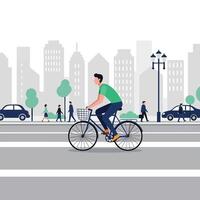Man riding bicycle in urban setting with flat design style art vector