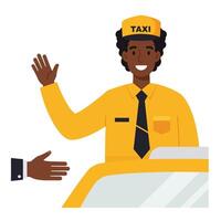 Taxi driver waving from a yellow cab in flat art style vector