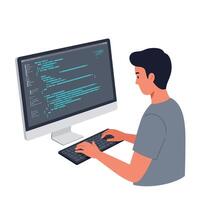 Person coding at computer desk in flat art style vector