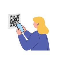 Woman scanning a QR code with smartphone in flat art style vector
