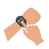 Hand interacting with smartwatch display in flat art style illustration vector