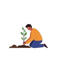 Person planting a small tree in soil with flat design art vector