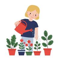 Girl watering colorful potted plants in flat art style illustration vector