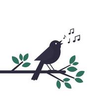 Singing black bird perched on branch in minimal art vector