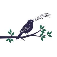 Singing bird perched on branch with musical notes in flat art vector