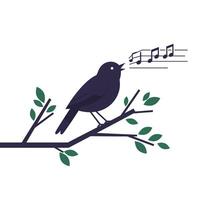Bird singing on a branch with musical notes in flat art vector
