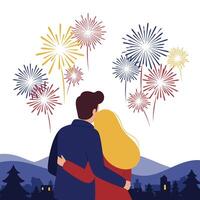 Couple embracing under colorful fireworks in flat art style for celebration scene vector
