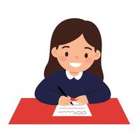 Happy girl writing with a pen on paper in flat art vector