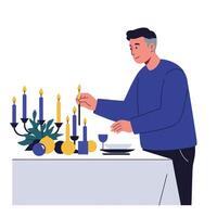 Man arranging candles and decor on a table in flat illustration vector