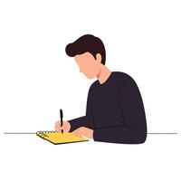 Person writing in a notebook with a pen in flat art style vector