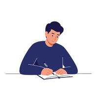 Young man writing in notebook in flat art style with attention to detail illustration vector