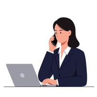 Businesswoman using smartphone while working on laptop in minimal art vector