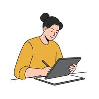 Young woman using digital tablet in a cozy setting, flat illustration vector