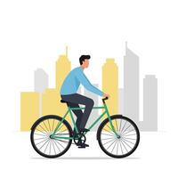 Man riding bicycle in cityscape with minimal flat design art vector