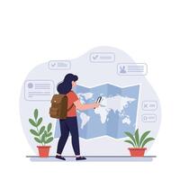Person exploring a world map with smartphone in flat art style vector