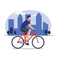 Bicyclist Riding Through Cityscape in Flat Minimal Art vector