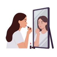 Woman applying a lipstick in front of a mirror in flat art vector
