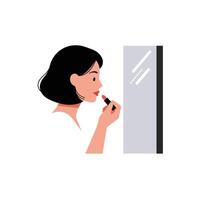 A Woman applying lipstick in front of a mirror in flat art vector