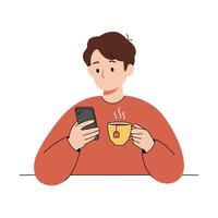 Person enjoying tea while looking at smartphone in flat art vector