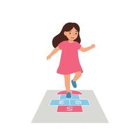 Girl playing hopscotch in a playful scene with flat design art vector
