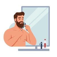 Man grooming beard in front of mirror detailed illustration vector