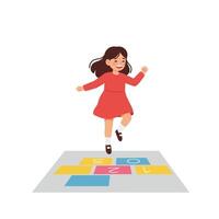 Girl jumping happily on colorful hopscotch in flat art vector