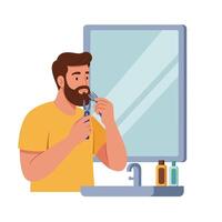 Man grooming beard in front of a mirror using modern flat art vector