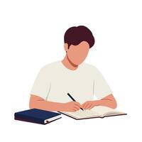 Person writing notes in a notebook with a book in flat art vector