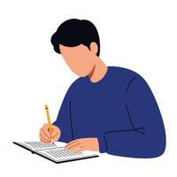 Person writing in notebook with pencil in flat and minimal art illustration vector