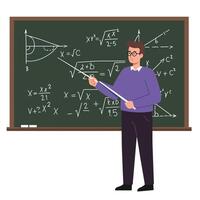 Teacher explaining mathematical concepts with chalkboard in flat art vector