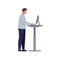 Man using a standing desk while working on computer in minimal illustration vector