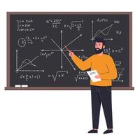 Teacher explaining mathematical concepts on a chalkboard in flat art style vector