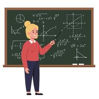 Teacher explaining math concepts with engaging visuals in flat art vector