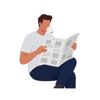 Man sitting and reading a newspaper with coffee in flat art vector