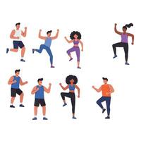 Group of diverse people exercising in dynamic poses in flat illustration vector