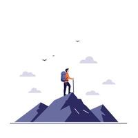 Hiker standing on mountain peak in minimal style art vector