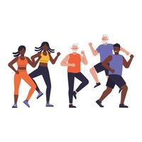 Group of diverse people exercising in energetic poses, flat illustration vector