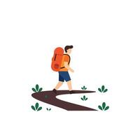 Hiker walking along a winding trail in flat minimal illustration vector