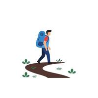 Hiker walking along a winding path in flat, minimal art vector