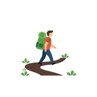 Hiker walking on a trail with a backpack in flat design art vector