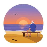 Man sitting on a bench enjoying sunset over the ocean in flat art vector