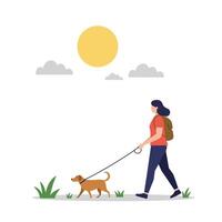 Woman walking a dog under the sun in a minimal art style vector