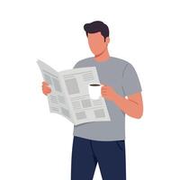 Man reading newspaper while holding coffee cup in flat art vector