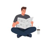 Man sitting cross-legged reading a newspaper in a minimal flat illustration vector