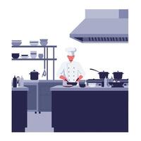 Chef preparing meal in modern kitchen with flat design art vector