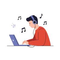 Person enjoying music while working on laptop in flat illustration vector