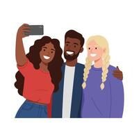 Three friends taking a selfie in a flat and colorful illustration vector